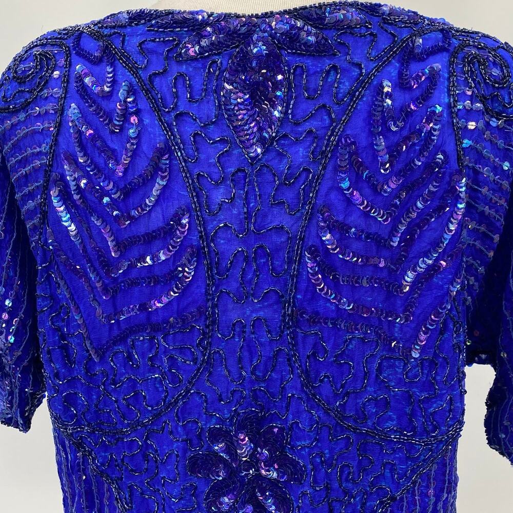 Vintage 80s Beaded Silk Top Short Sleeve Boatneck Pullover Sequins Blue Womens L - Picture 8 of 10